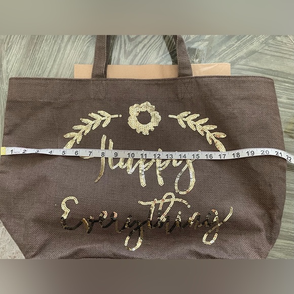 Olive & Hill Large sequin “Happy Everything” 100% Jute Tote. - Picture 12 of 16